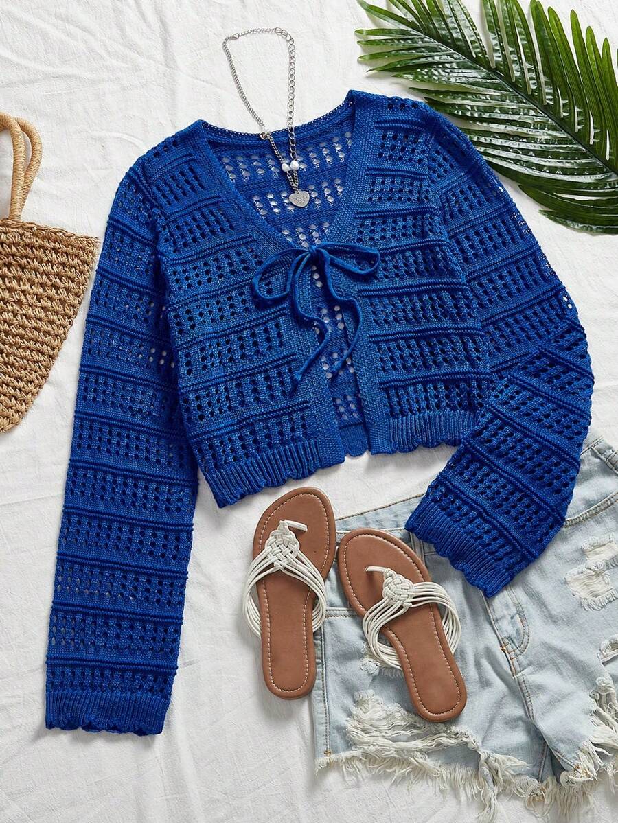 Vacation Women Solid Color Long Sleeve Tie Front Cardigan, Spring/Autumn,Long Sleeve Tops,Tops For School,Suitable For Holiday, Date, Afternoon Tea, Western - Màu xanh lam - Xem 1