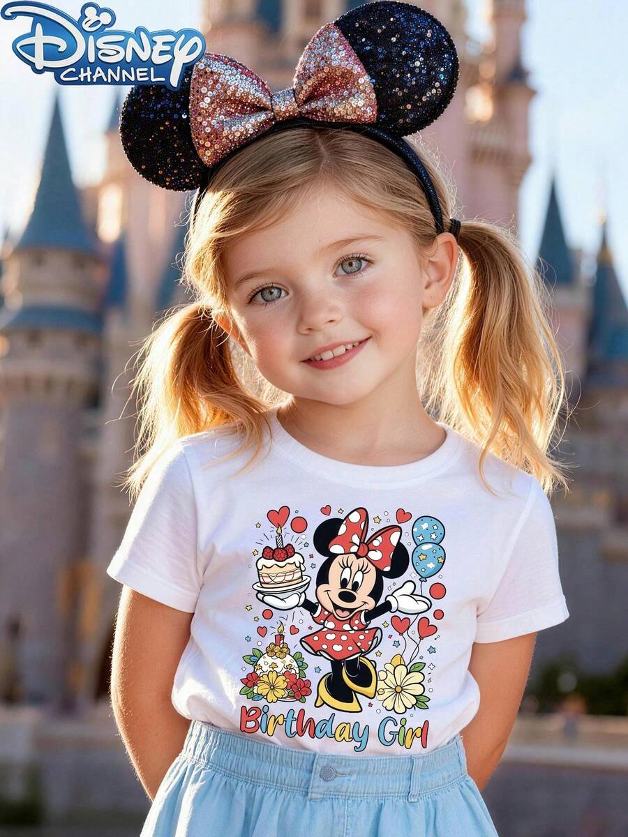 Minnie Mouse Birthday Cake Balloons Flowers The Floral Pattern Disney Summer Girls Round Neck Short Sleeved Baby Tops Are Suitable For Daily Wear Comfortable And Breathable And Fashionable And Versatile They Are The Perfect Gift For Children - 白色 - 查看 1