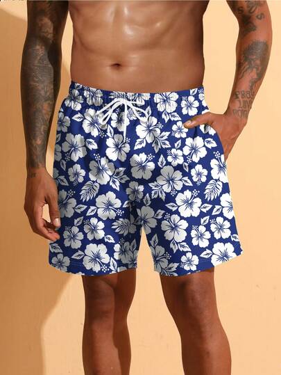 Pantalones cortos de playa casuales para hombres, estilo hawaiano, con estampado de porcelana azul y blanco, pantalones cortos de playa de verano con cordón y secado rápido