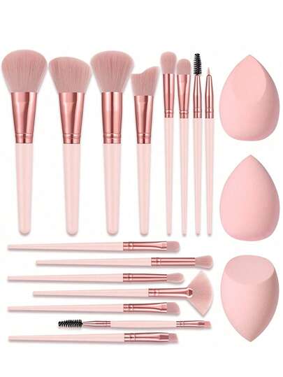 18件套化妆工具套装，包含：15支化妆刷+3个化妆海绵，一应俱全，新手友好 | 方便旅行携带，送礼佳品 | 新手/女性的完美之选