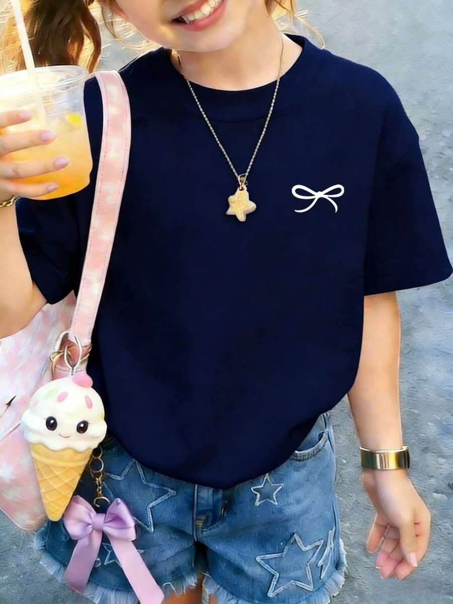 Tween Girls' Casual Pink Graphic Print Crew Neck Short Sleeve T-Shirt, Summer Top - Navy Blue - View 1