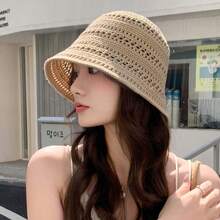 Spring Hot Item, Summer Fashionable Hollow Woven Bucket Hat, Women's Outdoor Face Enhancing Small Wide Brimmed Knitted Basin Hat, Casual Versatile Sun Hat - 卡其色 1 - 查看 1