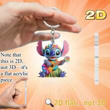 2D Flat Design - 1pc Lilo & Stitch Stitch Wearing Floral Wreath Playing Guitar 2D Acrylic Keychain, Unisex, Fan Essential, Practical & Stylish Keychain/Keyring, Holiday Gift Decor, Car Key Chain, Backpack Wallet Key Chain, Perfect For Birthday, Valentine's Day, Christmas - Multicolor - View 3