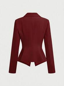 2pcs/Set Elegant Business Formal Suit Blazer + Slit Hem Skirt Outfit Spring - Burgundy - View 7