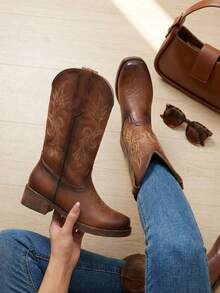 Botas vaqueras bordadas para mujer, de media caña y punta redonda, estilo vaquera, a la moda. - Óxido marrón - Ver 5