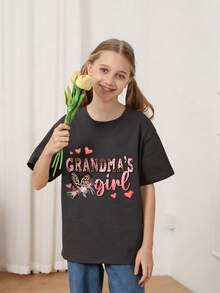 女童休闲印花圆领短袖T恤，夏季上衣 - 深灰色 - 查看 2