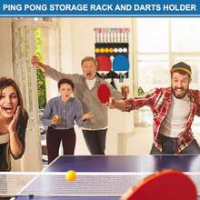 Ping Pong Paddle Holder Wall Mount Hold 8 Paddles Ping Pong Rack Dart Holder 2-in-1 100% Solid Wood Table Tennis Organizer Black - Negro - Ver 7