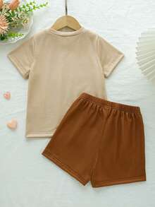 2pcs/Set Girls' Casual Heart Print Decor Short Sleeve Top And Faux Drawstring Shorts Set, Spring/Summer - Apricot - View 2