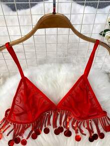 SOFUSEN 2 Sets Hollow Out Sequin Long Lingerie, Elegant Soft Comfortable, Romantic Party Style, Suitable For All Seasons, Couple Gift - Red - View 5