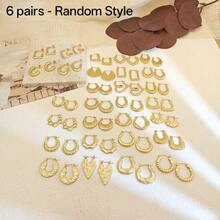 10/6/4 Pairs Stainless Steel Gold-Tone Earrings, Heart, Diamond, Round, Geometric Shapes, Vintage Fashion Earrings For Women. Random Assorted Styles, Hypoallergenic, Lightweight & Versatile, Suitable For Casual Daily Wear, Girls Jewelry Gift. - Gold - View 9