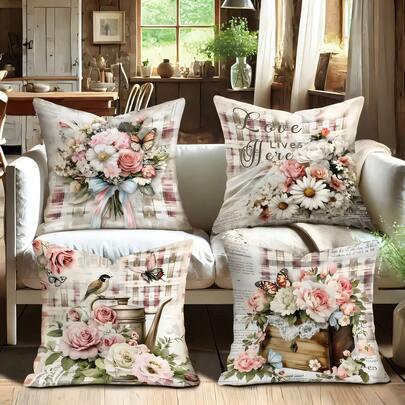 4pcs Vintage Floral Wooden Box, Teapot, Bird, Butterfly Plaid Print Throw Pillow Covers, Soft & Comfortable Polyester Cushion Covers, 45x45cm (17.72x17.72inch), Zipper Closure, Machine Washable, Suitable For Home Decor, Living Room, Bedroom, Porch, Garden, Hotel, Cafe, Outdoor