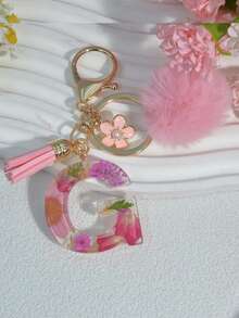 1pc Dried Flower Letter Keychain Resin Pendant Daisy Flower Keyring, Pink Gift With Pom Pom Tassel Charm - Pink - View 19