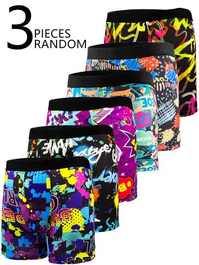 3pcs/Set Men's Fashion Pattern Long Boxer Briefs, Graffiti Style Breathable Comfortable High Stretch Long Boxer Swim Trunks, Sports Shorts, Novelty Men's Underwear, Cycling Shorts