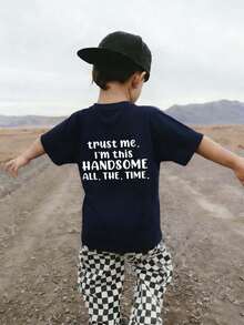 男童休闲印花圆领短袖T恤，夏季上衣 - 藏蓝色 - 查看 3