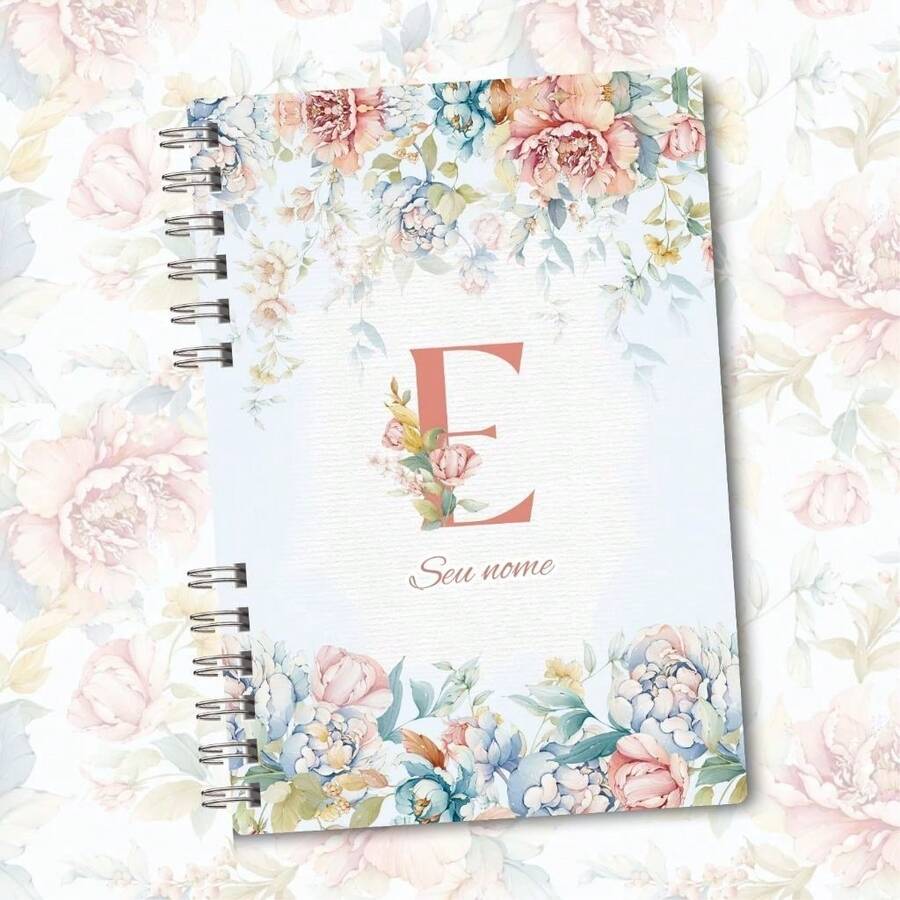 A5 Floral Pink And Blue Notebook Personalized With Initial Of The Alphabet - E - View 1