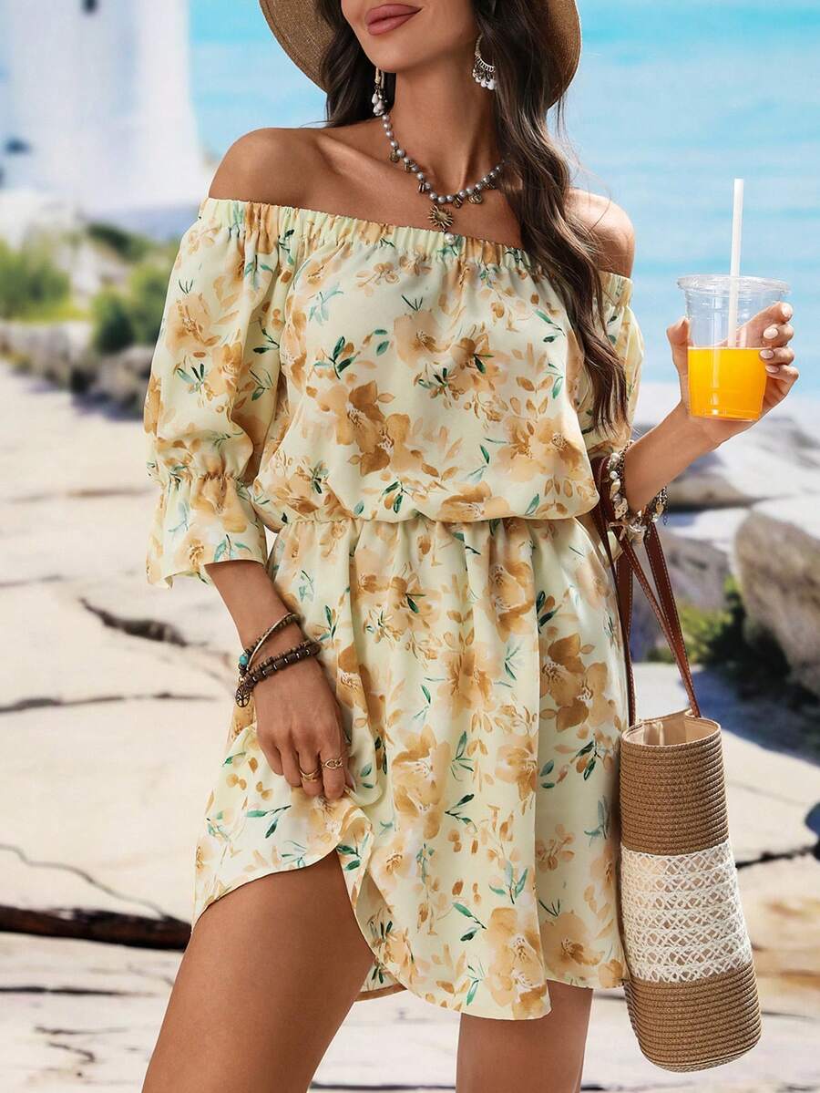 Women's Floral Print Off-Shoulder Loose Vacation A-Line Mini Dress - Yellow - View 1