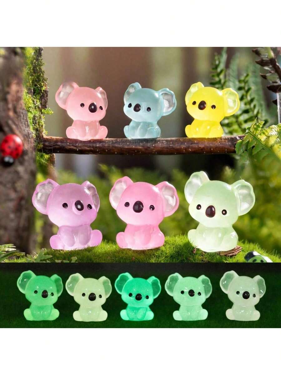 6pcs Luminous Mini Resin Koala Figurines, Suitable For DIY Gardening Micro Landscape Aquarium Plant Decor Party (Random Colors), Resin Animal, Koala, Mini Animal