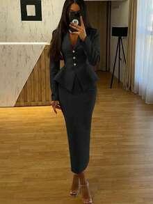 2pcs/Set Elegant Business Formal Suit Blazer + Slit Hem Skirt Outfit Black - Black - View 2