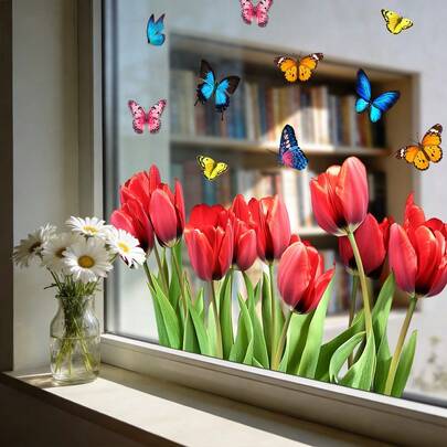 1/3pcs Seasonal Window Decoration Vibrant Multi Color Tulips And Butterflies, Static Cling No Glue Glass Film For Bedroom Porch, Spring Summer Holiday Party DIY Supplies