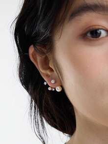 1对女士925纯银不对称钻石珍珠耳环，奢华独特优雅耳环，适合日常佩戴 - #1 - 查看 2