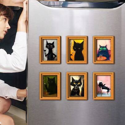 1/6pcs Black Cat Drinking & Smoking Funny Wooden Fridge Magnets, With Golden Frame Magnetic Design, Suitable For Refrigerator, Metal Doors, Cabinets, Home Decor, Also As Souvenir Gifts