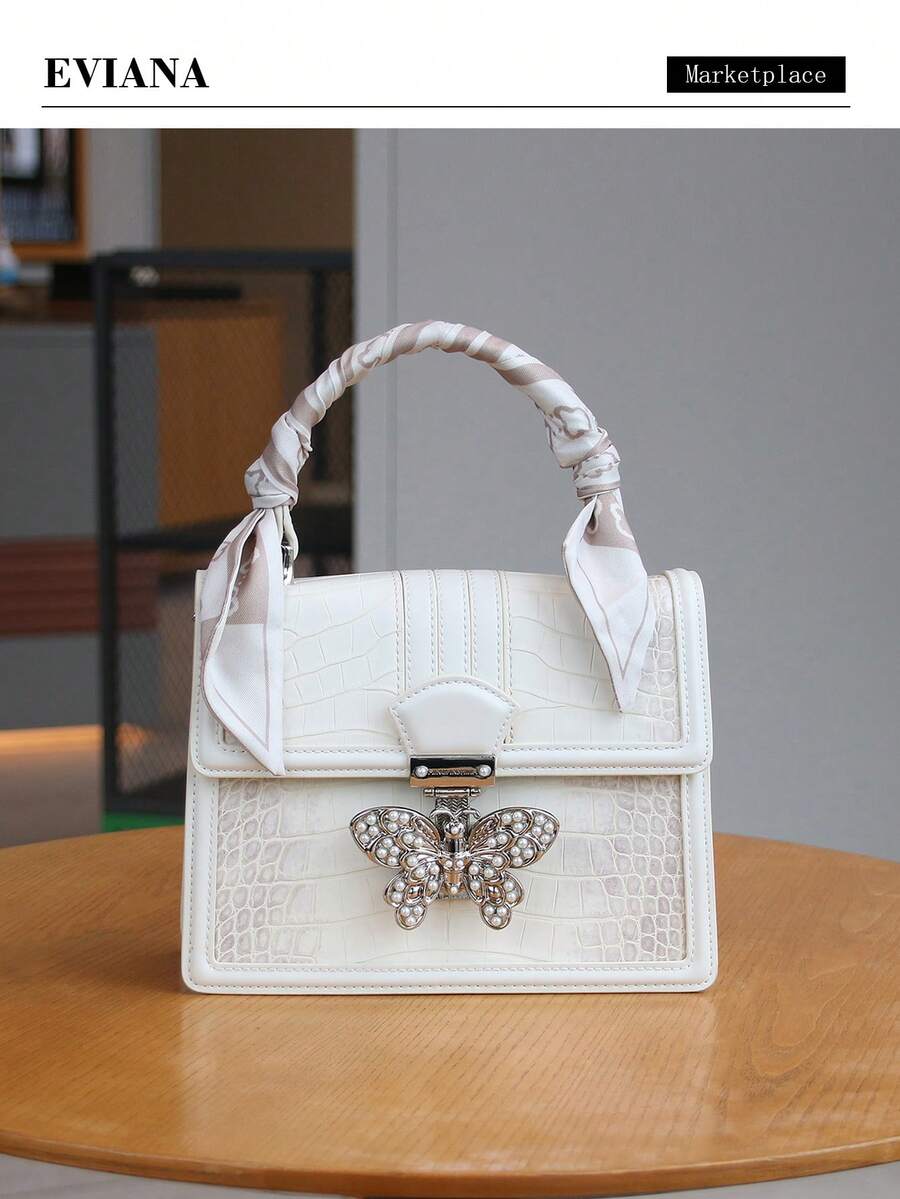 2026新款高品质时尚链条珍珠水钻蝴蝶通勤渐变鳄鱼纹压花小方包，奢华法式小众设计丝带斜挎单肩包 - 米色 - 查看 1