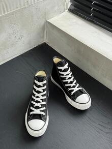 黑色帆布鞋，女鞋，运动鞋，中帮休闲系带鞋，春秋季，韩版风格，简约时尚，高帮休闲运动鞋，经典中帮帆布鞋，百搭休闲滑板鞋 - 黑色 - 查看 3