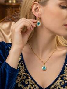 3件套浅蓝色水滴形立方氧化锆不锈钢镀金项链耳环首饰套装，适合女性、情侣，复古时尚街头风派对配饰（OPP袋包装） - 藍色 - 查看 1