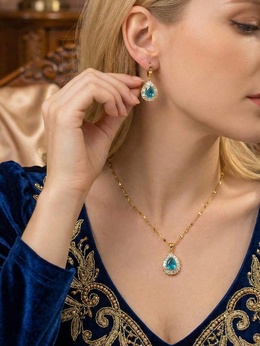 3件套浅蓝色水滴形立方氧化锆不锈钢镀金项链耳环首饰套装，适合女性、情侣，复古时尚街头风派对配饰（OPP袋包装） - 藍色 - 查看 1