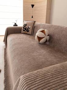 1pc Chenille Fashion Striped Solid Color Sofa Blanket, Classic Minimalist Style, Scratch-Resistant And Durable Pet-Friendly, Suitable For All Seasons To Protect Sofa In Bedroom, Living Room, Study, Office, Machine Washable - Coffee Brown - View 6