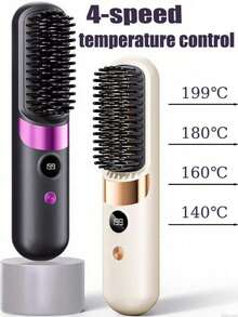 New USB Rechargeable Hair Straightener Brush, Wireless Portable Negative Ion Hair Straightener, 2-In-1 Straightening & Curling Styling, 1800mAh Battery Capacity, Suitable For Home Use And Holiday Gifts - Multicolor - View 4