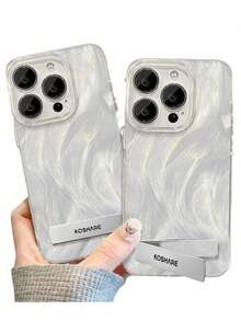 1 pieza Funda de teléfono de gasa con pluma plateada de cobertura completa + Soporte de metal 3D, compatible con iPhone 11/12/13/14/15/16/17/Pro Max - Plateado - Ver 3