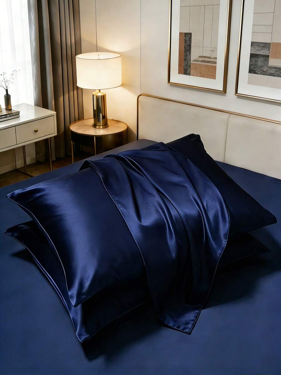 2pcs Satin Pillowcase, Soft & Silky Pillowcase For Hair & Skin Care, Envelope Closure (Pillow Insert Not Included), Navy Blue - Royal Blue - View 1