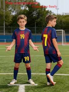 Bộ 2 món đồng phục bóng đá in họa tiết toàn thân cá nhân hóa dành cho bé trai, tên và số tùy chỉnh, áo và quần bóng đá, phù hợp cho các hoạt động thể thao, đạp xe, chạy bộ ngoài trời, giống phong cách của người nổi tiếng. - Màu xanh lam - Xem 4