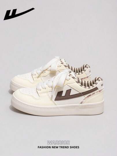  1 đôi giày nữ WARRIOR đế dày buộc dây, đế mềm, giày bệt cổ thấp ngoài trời, mũi tròn, gót thấp, chống trượt, màu trơn, thanh lịch, đế mềm, thích hợp cho học sinh, chụp ảnh tốt nghiệp, giày thể thao trượt ván mặt da phẳng.
