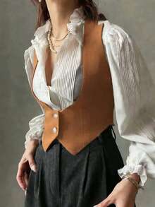 1件纯色梭织面料前开襟纽扣女式休闲上衣，适合度假、上学和夏季日常穿着。 - 卡其色 - 查看 3