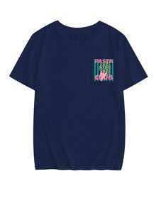 Camiseta de manga corta de cuello redondo con diseño de rayas y estampado de comida italiana de moda sencilla y versátil, adecuada para mujeres - Azul Marino - Ver 4