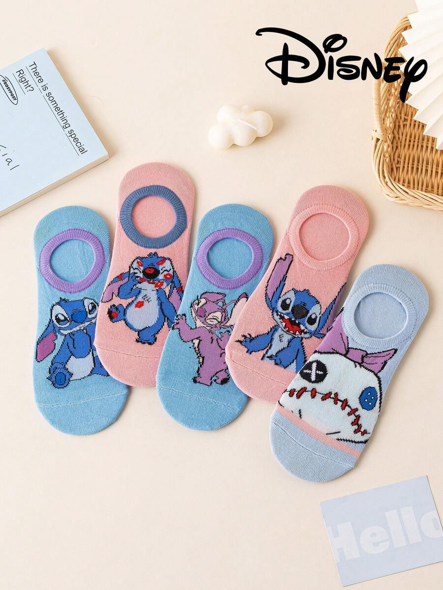 5 Pairs Disney Stitch & Mickey Mouse Printed Ankle Socks, Breathable & Comfortable Summer Invisible Socks, Novelty & Fashionable Women Socks - Multicolor - View 1