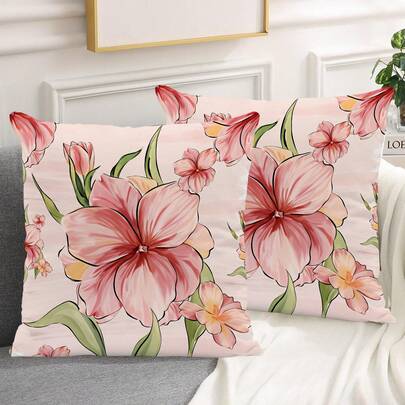 2Pcs Watercolor Green Background Red Floral Pillowcase Set, Vintage Spring/Summer Farmhouse Pillowcase, Home Sofa Holiday Party Decoration Living Room Bedroom Bed Sofa Chair Cushion Cover (Unfilled)