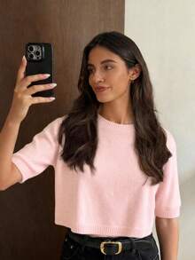 Suéter de punto de cuello redondo y manga corta para mujer, estilo holgado y corto, jersey minimalista para ir al trabajo, blusa de media manga, primavera/verano - polen de flor de durazno - Ver 2