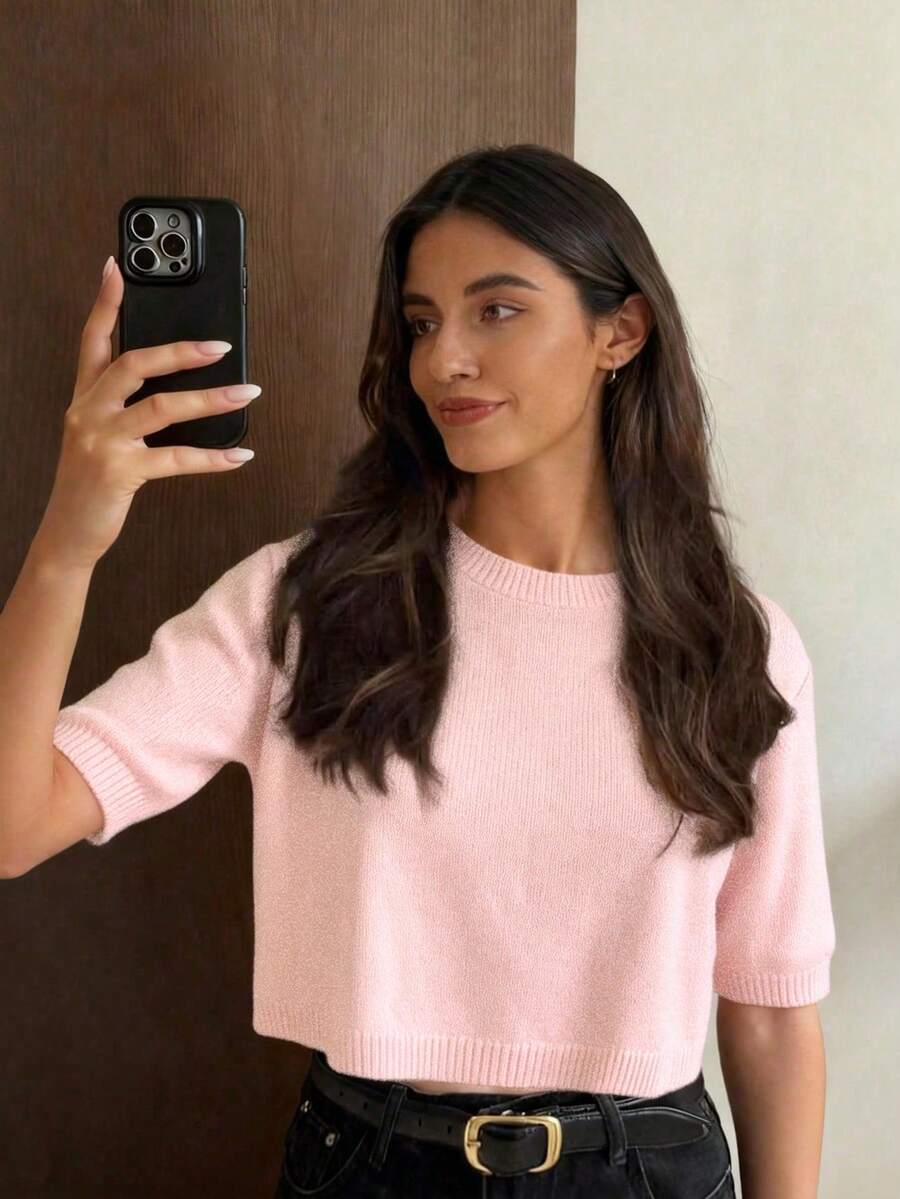 Suéter de punto de cuello redondo y manga corta para mujer, estilo holgado y corto, jersey minimalista para ir al trabajo, blusa de media manga, primavera/verano