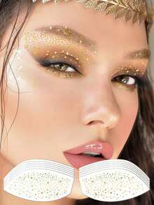 6张金色闪光眼部纹身贴纸，闪亮脸部纹身，防水金色眼影纹身，适用于节日派对、狂欢节、舞会礼物、情人节、夏季狂欢节装饰、复活节配饰 - 金色 - 查看 8