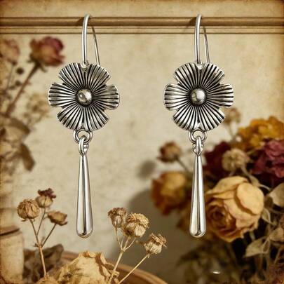 925 Silver Plated Vintage Floral Waterdrop Earrings For Women, Copper Niche Design, Versatile For Daily Commute