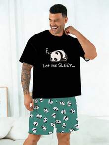 Conjunto de pijama para hombre talla grande | Parte superior de manga corta y cuello redondo y pantalones cortos casuales con cintura elástica, conjunto de 2 piezas | Tela de punto de poliéster, transpirable y cómoda | Diseño casual con estampado de osito de peluche "Déjame dormir" - Negro - Ver 6