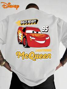 Disney Men's Casual T-Shirt, Featuring A Red Cartoon Car Pattern From "Cars", Full Of Dynamic Racing Atmosphere, Suitable For Disney Outings, Parent-Child Outfits, Street Gatherings And Other Scenes - White - View 2