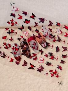1pc Gothic Style Nail Art Sticker, Featuring Red-Black Gradient Butterflies With "Blood Stain" Effect And Hollow Blood Vein Butterflies, Creating A Broken And Mysterious Aesthetic, Suitable For Personalized And Niche Dark Style Manicure - Multicolor - View 3