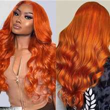 10-36英寸真人混纺发假发，波浪卷发，蕾丝前假发，180%密度，13x4预拔毛高清前蕾丝假发，自然发际线带婴儿发，无需胶水，女士适用，姜橙色，350 - S350 - 查看 4