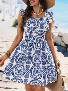 Women's Summer Ruffle Backless Tie Sleeveless Short A-Line Elegant Vacation Dress - Blue - View 4
