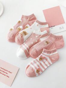 5 Pairs Of Cute Heart Patterned Short Socks With Cat Face - Multicolor - View 5