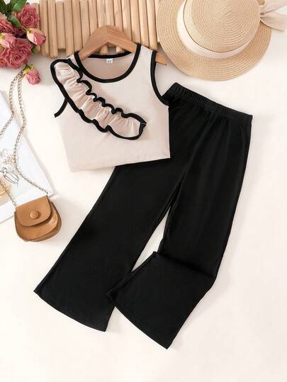 Set de 2 piezas de top sin mangas acanalado y pantalones de pierna acampanada informal para niña, adecuado para verano, uso diario y vacaciones casuales